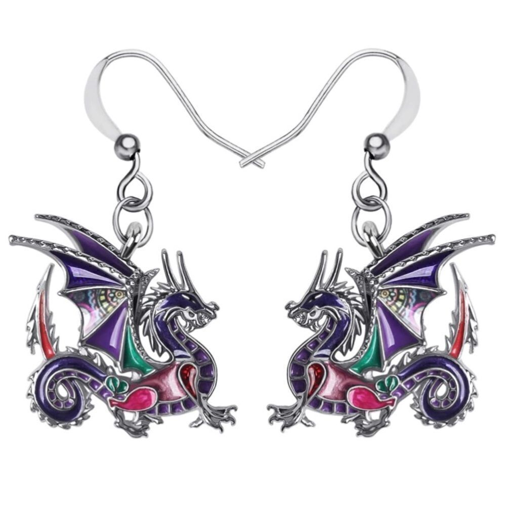 Silver and Multicolor Enamel Mythical Dragon Dangling French Wire Hook Earrings